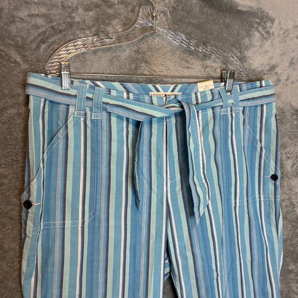 Tommy Hilfiger Women Striped Cropped Pants 18 Coastal Nautical Preppy Belted